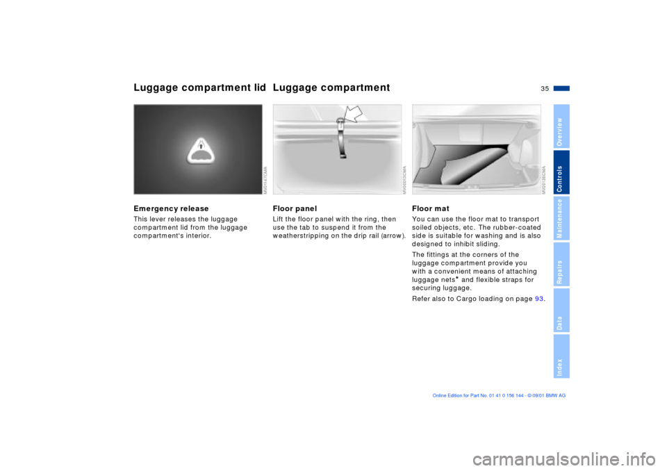BMW 330Ci COUPE 2002 E46 Owners Manual 35n
OverviewControlsMaintenanceRepairsDataIndex
Luggage compartment lid Luggage compartment Emergency releaseThis lever releases the luggage 
compartment lid from the luggage 
compartments interior.
