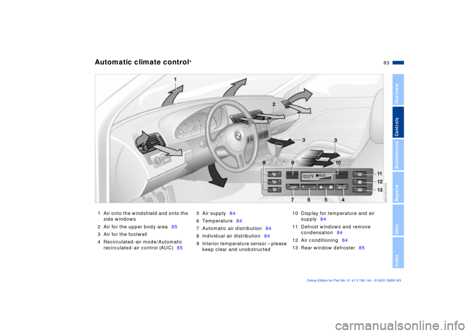 BMW 325Ci COUPE 2002 E46 Service Manual 83n
OverviewControlsMaintenanceRepairsDataIndex
Automatic climate control
*
1 Air onto the windshield and onto the 
side windows
2 Air for the upper body area85
3 Air for the footwell
4 Recirculated-a