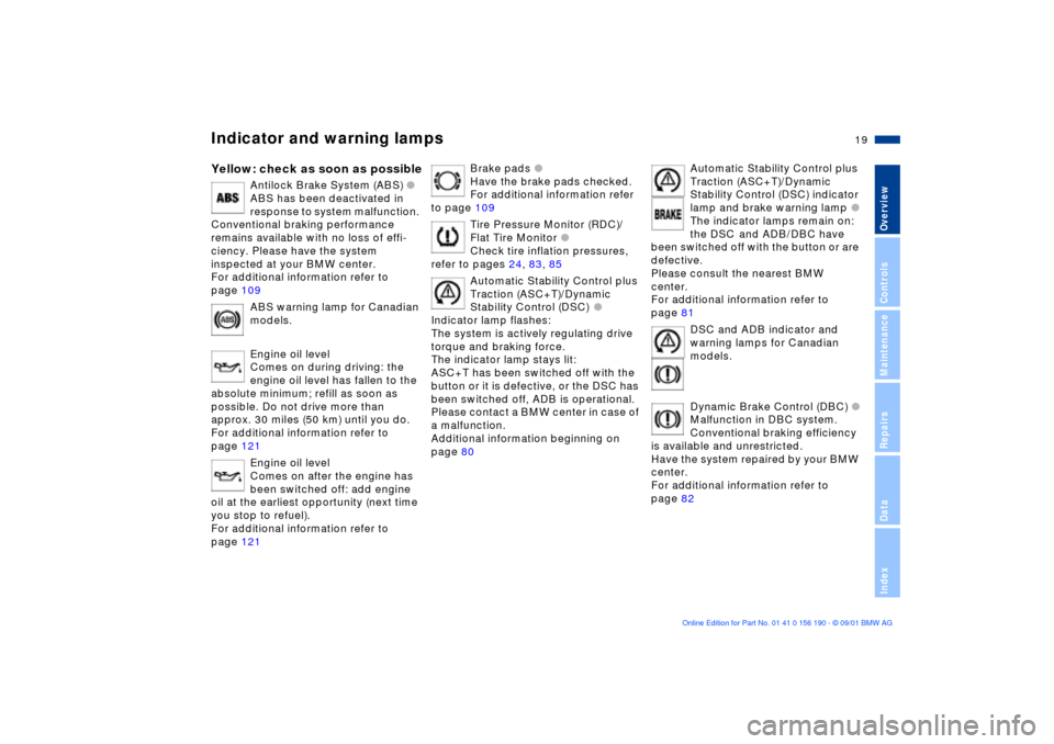 BMW 325Ci CONVERTIBLE 2002 E46 User Guide  
19n
 
OverviewControlsMaintenanceRepairsDataIndex
 
Indicator and warning lamps
 
Yellow: check as soon as possible
 
Antilock Brake System (ABS)
 
 l
 
ABS has been deactivated in 
response to syst