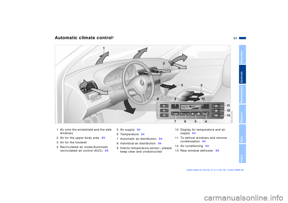 BMW 330Ci CONVERTIBLE 2002 E46 Owners Manual 93n
OverviewControlsMaintenanceRepairsDataIndex
Automatic climate control
*
1 Air onto the windshield and the side 
windows
2 Air for the upper body area95
3 Air for the footwell
4 Recirculated-air mo