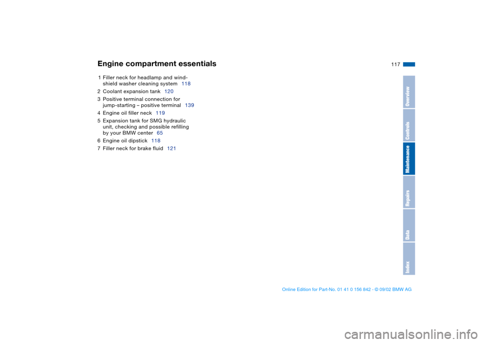 BMW M3 COUPE 2003 E46 Owners Manual 117
1Filler neck for headlamp and wind-
shield washer cleaning system118
2Coolant expansion tank120
3Positive terminal connection for 
jump-starting – positive terminal139
4Engine oil filler neck119