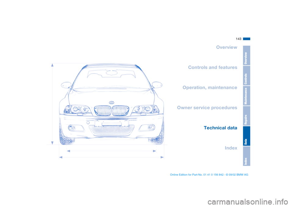 BMW M3 COUPE 2003 E46 Owners Manual 143
Overview
Controls and features
Operation, maintenance
Owner service procedures
Technical data
Index
OverviewControlsMaintenanceRepairsDataIndex
handbook.book  Page 143  Saturday, July 27, 2002  1: