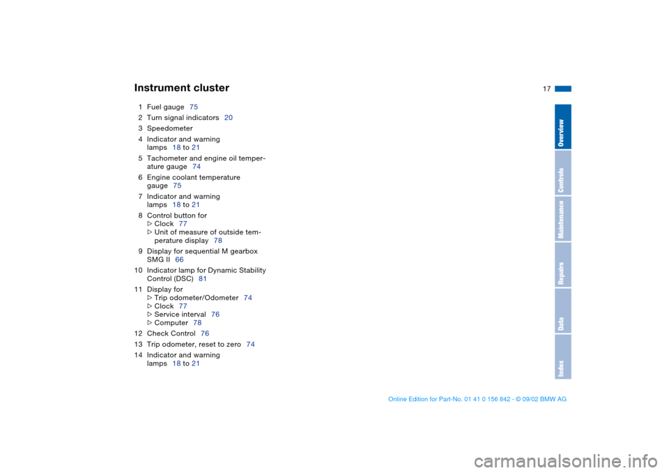BMW M3 COUPE 2003 E46 Owners Manual  
17
1Fuel gauge75
2Turn signal indicators20
3Speedometer
4Indicator and warning 
lamps18 to 21
5Tachometer and engine oil temper-
ature gauge74
6Engine coolant temperature 
gauge75
7Indicator and war