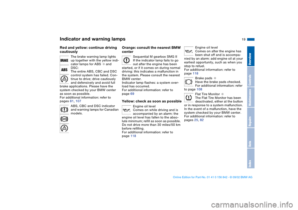 BMW M3 COUPE 2003 E46 Owners Manual  
19
 
Red and yellow: continue driving 
cautiously
 
The brake warning lamp lights 
up together with the yellow indi-
cator lamps for ABS
 
●
 
 and 
DSC:
The entire ABS, CBC and DSC 
control syste