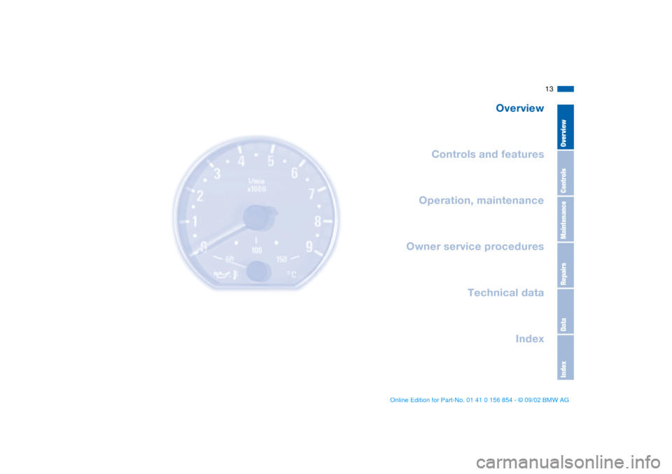 BMW M3 CONVERTIBLE 2003 E46 User Guide  
13
 
Overview
Controls and features
Operation, maintenance
Owner service procedures
Technical data
Index
 
OverviewControlsMaintenanceRepairsDataIndex
 
handbook.book  Page 13  Tuesday, July 30, 200