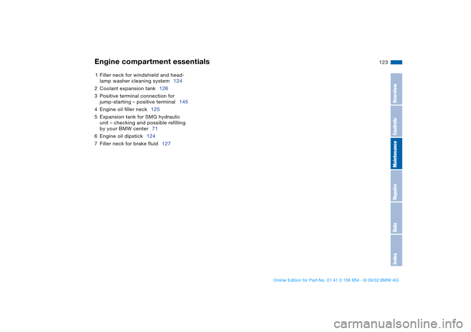 BMW M3 CONVERTIBLE 2003 E46 User Guide 123
1Filler neck for windshield and head-
lamp washer cleaning system124
2Coolant expansion tank126
3Positive terminal connection for 
jump-starting – positive terminal145
4Engine oil filler neck125
