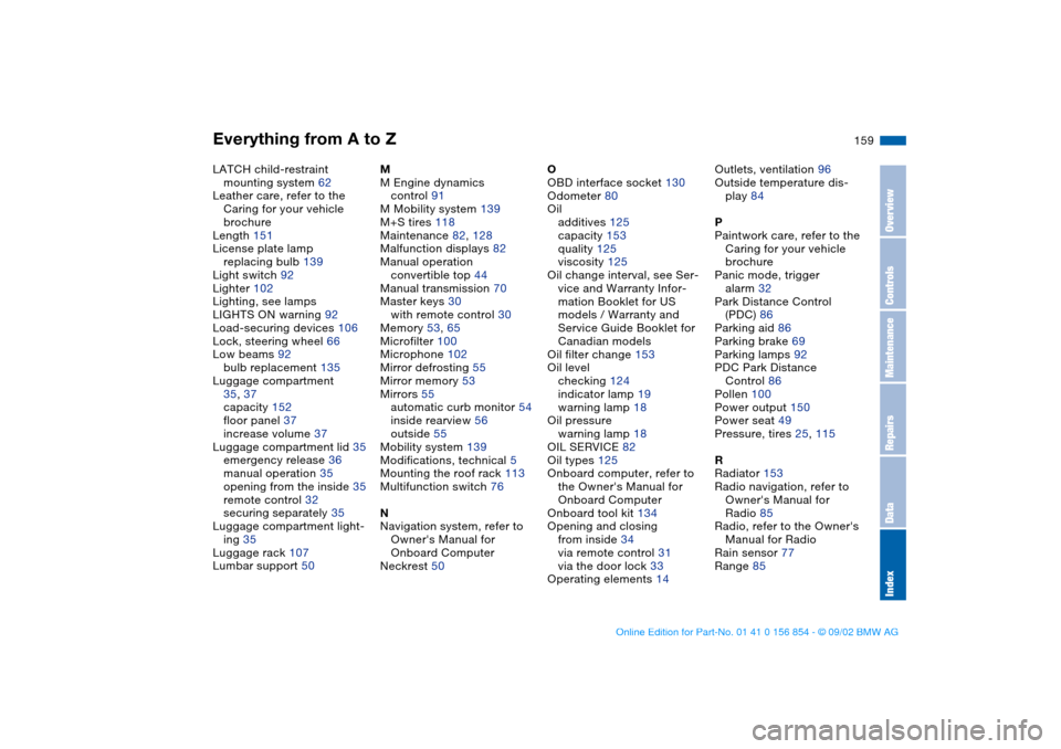 BMW M3 CONVERTIBLE 2003 E46 User Guide Everything from A to Z
159
LATCH child-restraint 
mounting system 62
Leather care, refer to the 
Caring for your vehicle 
brochure
Length 151
License plate lamp
replacing bulb 139
Light switch 92
Ligh