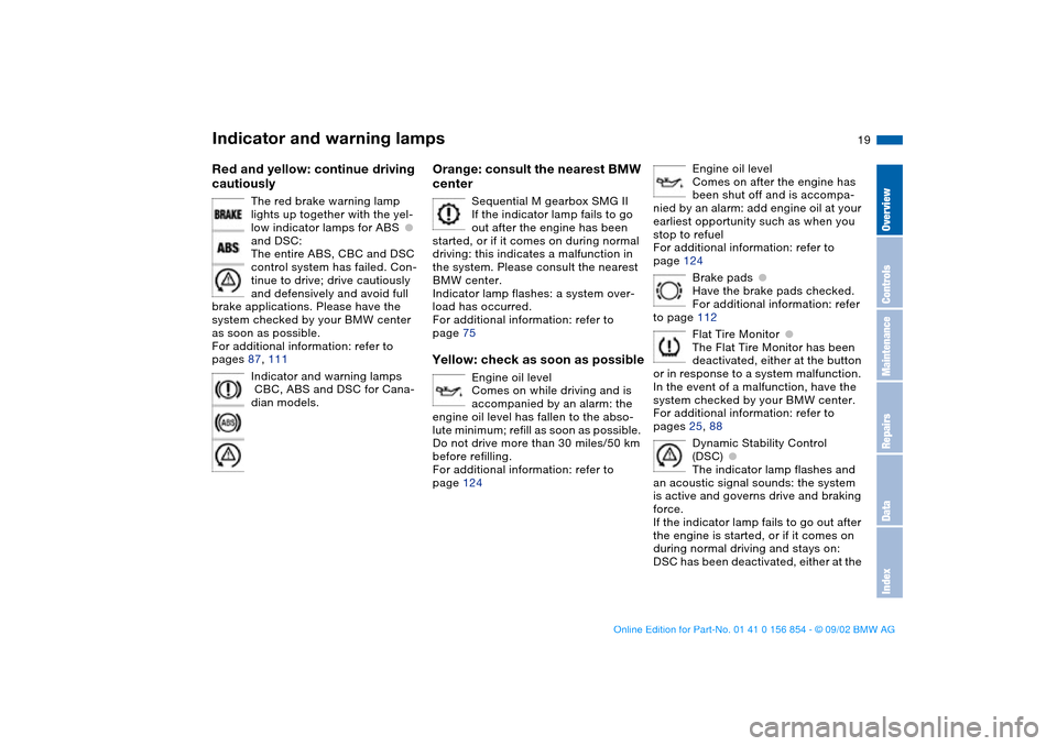 BMW M3 CONVERTIBLE 2003 E46 User Guide  
19
 
Red and yellow: continue driving 
cautiously
 
The red brake warning lamp 
lights up together with the yel-
low indicator lamps for ABS
 
●
 
 
and DSC:
The entire ABS, CBC and DSC 
control s