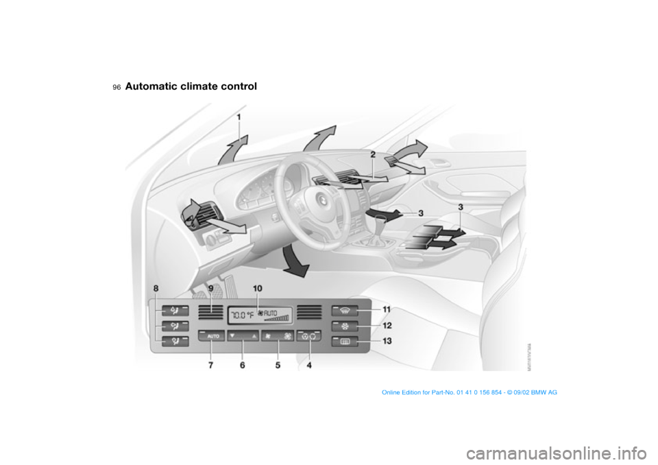 BMW M3 CONVERTIBLE 2003 E46 Owners Manual 96Controlling the climate for pleasant driving
Automatic climate control
handbook.book Page 96 Tuesday, July 30, 2002 9:28 AM BMW M3 CONVERTIBLE 2003 E46 Owners Manual 96Controlling the climate for pleasant driving
Automatic climate control
handbook.book Page 96 Tuesday, July 30, 2002 9:28 AM