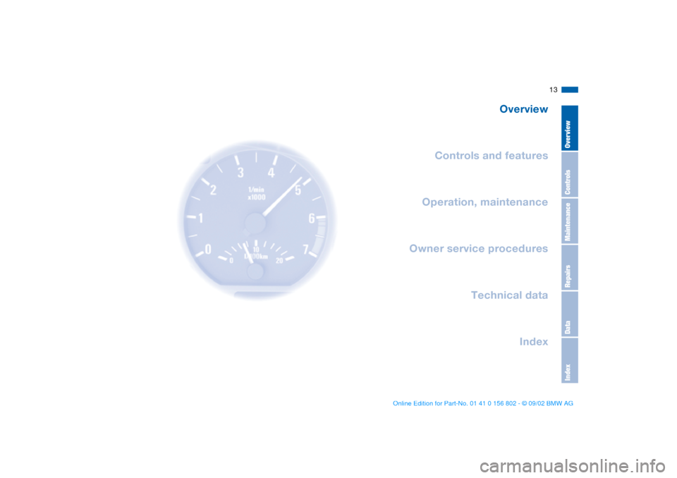 BMW 325xi TOURING 2003 E46 Owners Manual  
13
 
Overview
Controls and features
Operation, maintenance
Owner service procedures
Technical data
Index
 
OverviewControlsMaintenanceRepairsDataIndex
 
handbook.book  Page 13  Saturday, July 27, 20