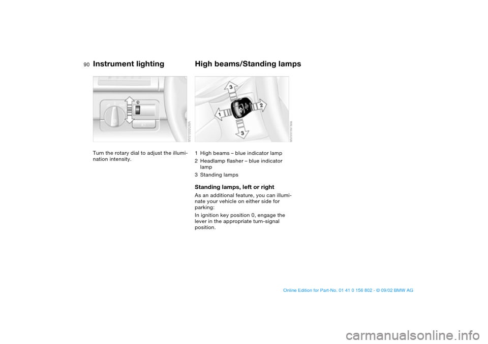 BMW 325i TOURING 2003 E46 Owners Manual 90
Instrument lightingTurn the rotary dial to adjust the illumi-
nation intensity.
High beams/Standing lamps1High beams – blue indicator lamp
2Headlamp flasher – blue indicator 
lamp
3Standing lam