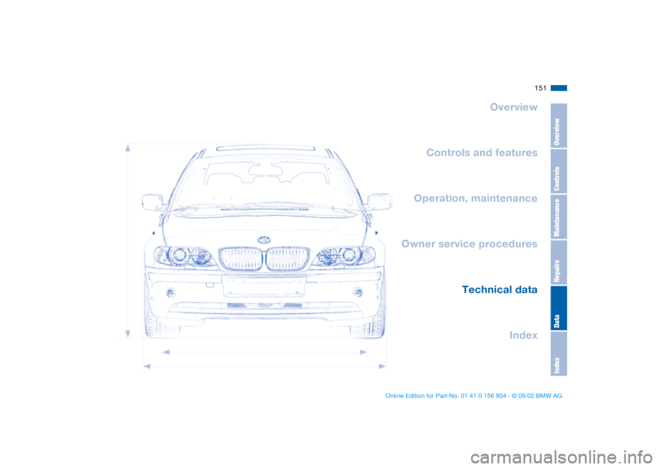 BMW 330i SEDAN 2003 E46 Owners Manual 151
Overview
Controls and features
Operation, maintenance
Owner service procedures
Technical data
Index
OverviewControlsMaintenanceRepairsDataIndex 