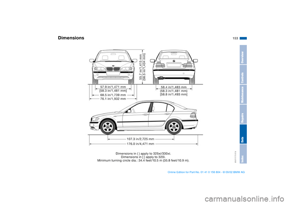 BMW 325xi SEDAN 2003 E46 Owners Manual 153
Dimensions
OverviewControlsMaintenanceRepairsDataIndex 