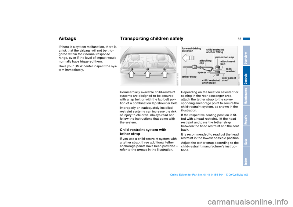 BMW 325xi SEDAN 2003 E46 Owners Manual 55
If there is a system malfunction, there is 
a risk that the airbags will not be trig-
gered within their normal response 
range, even if the level of impact would 
normally have triggered them.
Hav