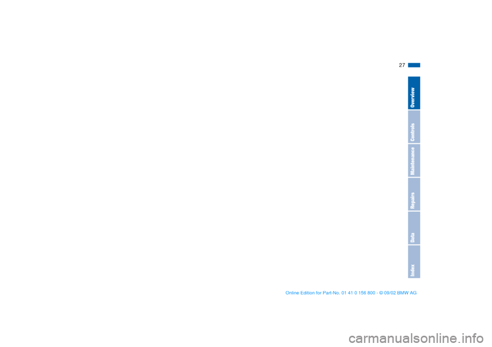 BMW 330Ci COUPE 2003 E46 Owners Guide 27
OverviewControlsMaintenanceRepairsDataIndex
handbook.book  Page 27  Tuesday, July 30, 2002  12:16 PM 
