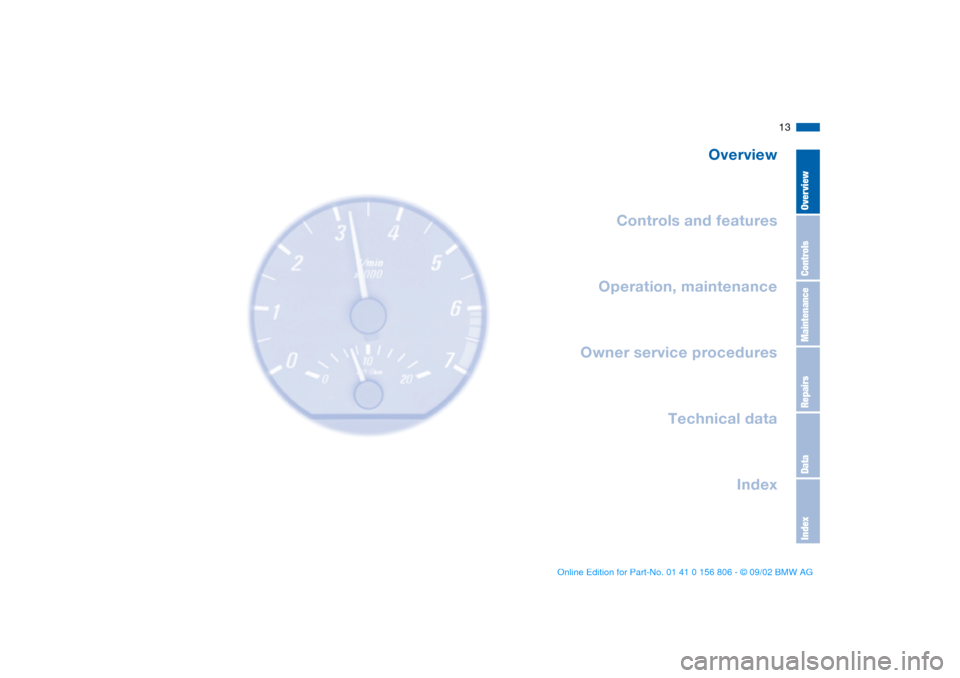 BMW 325Ci CONVERTIBLE 2003 E46 Owners Manual  
13
 
Overview
Controls and features
Operation, maintenance
Owner service procedures
Technical data
Index
 
OverviewControlsMaintenanceRepairsDataIndex
 
handbook.book  Page 13  Wednesday, July 31, 2