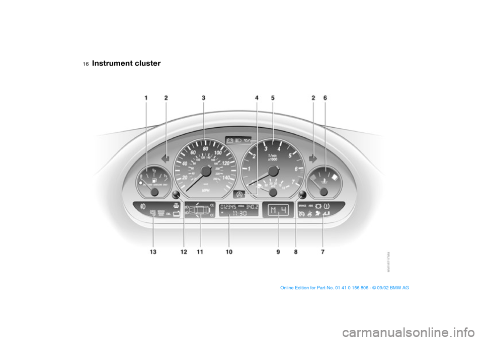 BMW 330Ci CONVERTIBLE 2003 E46 User Guide
16
Instrument cluster
handbook.book Page 16 Wednesday, July 31, 2002 9:29 AM BMW 330Ci CONVERTIBLE 2003 E46 User Guide
16
Instrument cluster
handbook.book Page 16 Wednesday, July 31, 2002 9:29 AM
