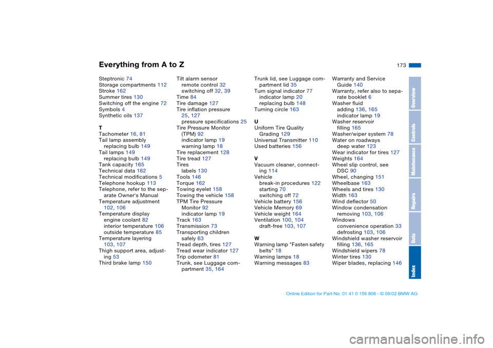 BMW 325Ci CONVERTIBLE 2003 E46 Workshop Manual Everything from A to Z
173
Steptronic 74
Storage compartments 112
Stroke 162
Summer tires 130
Switching off the engine 72
Symbols 4
Synthetic oils 137
T
Tachometer 16, 81
Tail lamp assembly
replacing 