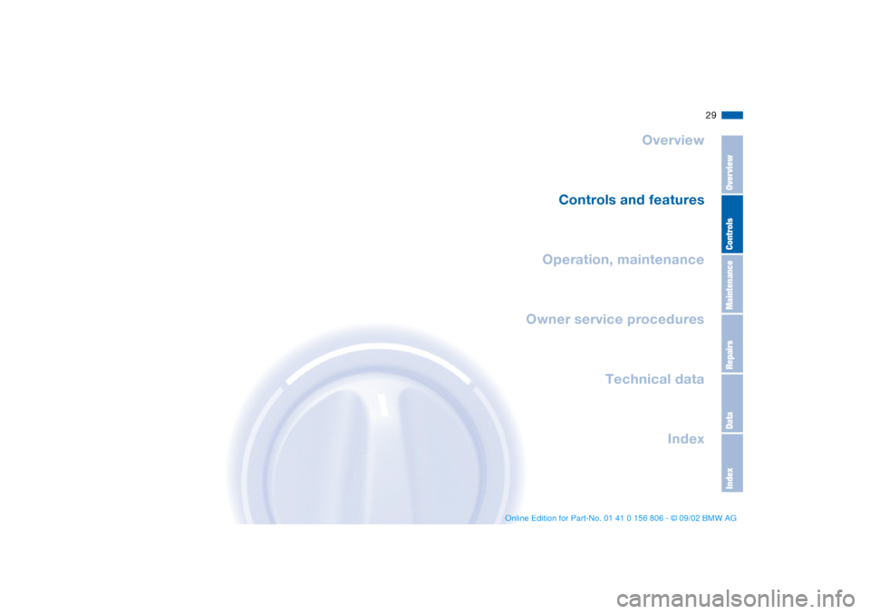 BMW 325Ci CONVERTIBLE 2003 E46 Owners Manual 29
Overview
Controls and features
Operation, maintenance
Owner service procedures
Technical data
Index
OverviewControlsMaintenanceRepairsDataIndex
handbook.book  Page 29  Wednesday, July 31, 2002  9:2