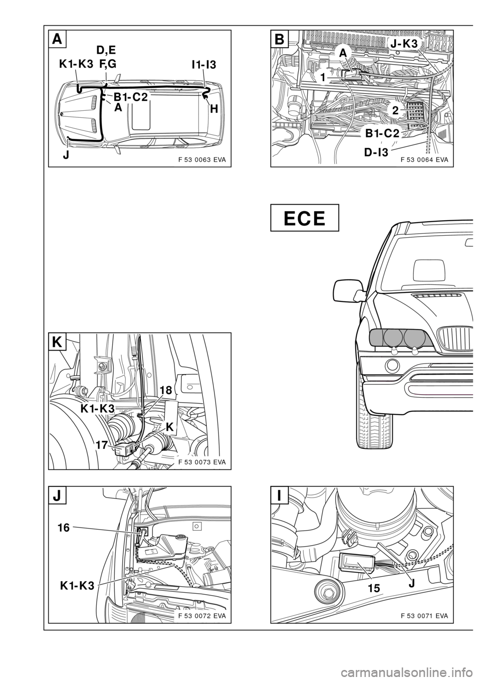 BMW X5 2000 E53 Xenon Lights Instalation Instruction Manual 15J
I
B1-C2
D-I3
2
1
A
J-K3B
A B1-C2 D,E
 F, G K1-K3
I1-I3
H
J
A
17
18
K1-K3
K
K
16
K1-K3
J
F 53 0063 EVA
F 53 0073 EVA
F 53 0072 EVAF 53 0071 EVA
F 53 0064 EVA
ECE 