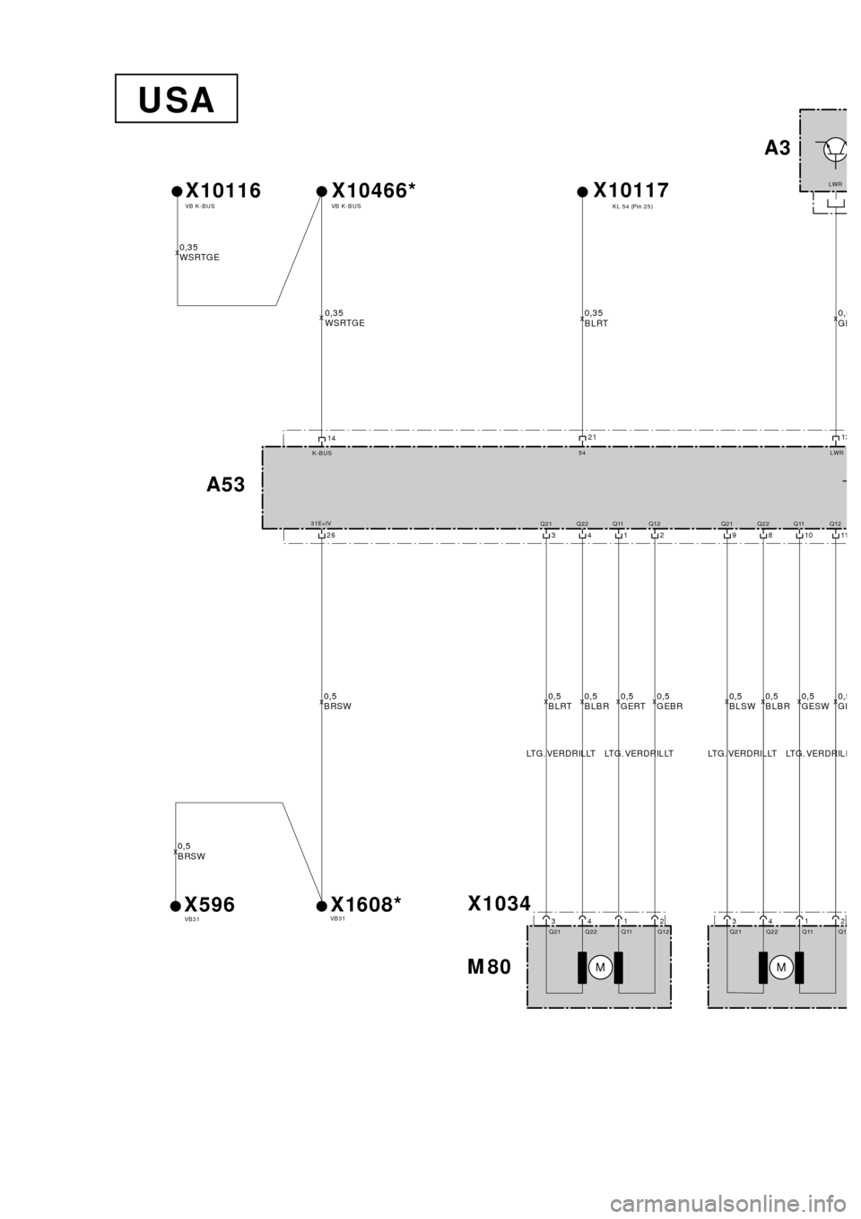 BMW X5 2000 E53 Xenon Lights Instalation Instruction Manual MM
A3
LWR
VB K-BUS
LWR
54X10466*
K-BUS
13
1421
x0,35
WSRTGEx0,35
BLRTx0,5
GE
KL 54 (Pin 25)X10117
X596A53
X1034
3Q21
3 26Q21 31E<IV
x0,5
BRSW
VB31X1608*VB31
2 1 4Q22 Q11 Q12
4Q221Q112Q12
11 10 8 9
3
Q