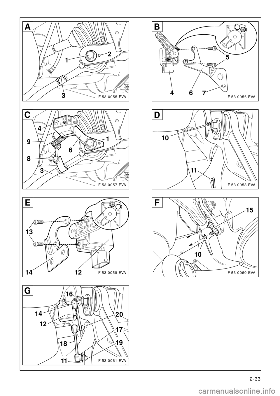 BMW X5 2000 E53 Xenon Lights Instalation Instruction Manual 2-33
32
1
A
4576
B
3 4
8
9
61
C
11 10
D
F 53 0055 EVAF 53 0056 EVA
F 53 0057 EVAF 53 0058 EVA
141312
E
15
10
F
18 14
121619
11
17
20
G
F 53 0059 EVAF 53 0060 EVA
F 53 0061 EVA 