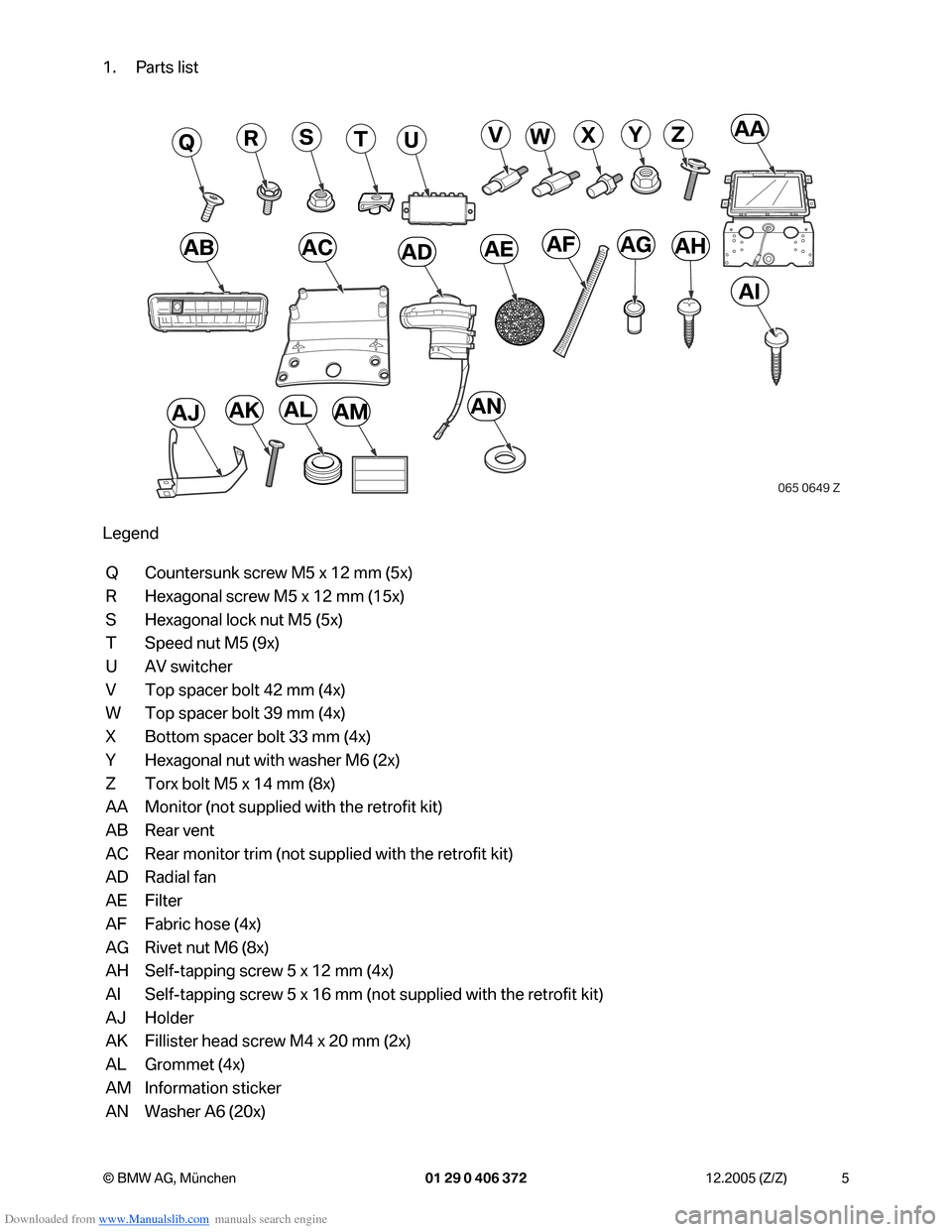 BMW 7 SERIES 2006 E65 Advanced DVD System With Multimedia Changer Retrofit Instalation Instruction Manual Downloaded from www.Manualslib.com manuals search engine 5 © BMW AG, München 01 29 0 406 372 12.2005 (Z/Z)
1. Parts list
Legend
Q Countersunk screw M5 x 12 mm (5x)
R Hexagonal screw M5 x 12 mm (15x)