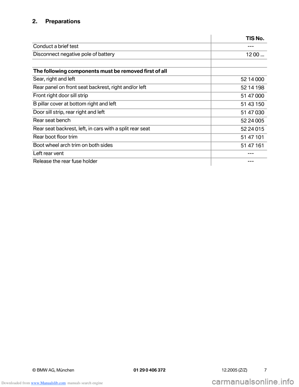 BMW 7 SERIES 2006 E65 Advanced DVD System With Multimedia Changer Retrofit Instalation Instruction Manual Downloaded from www.Manualslib.com manuals search engine 7 © BMW AG, München 01 29 0 406 372 12.2005 (Z/Z)
2. Preparations
TIS No.
Conduct a brief test---
Disconnect negative pole of battery
12 00 .