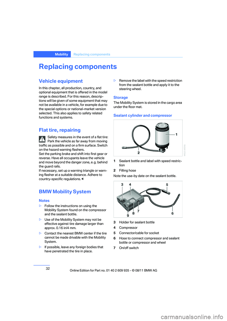 BMW M COUPE 2011 Owners Guide 32
MobilityReplacing components
Replacing components
Vehicle equipment
In this chapter, all pr oduction, country, and 
optional equipment that is offered in the model 
range is described. For this rea