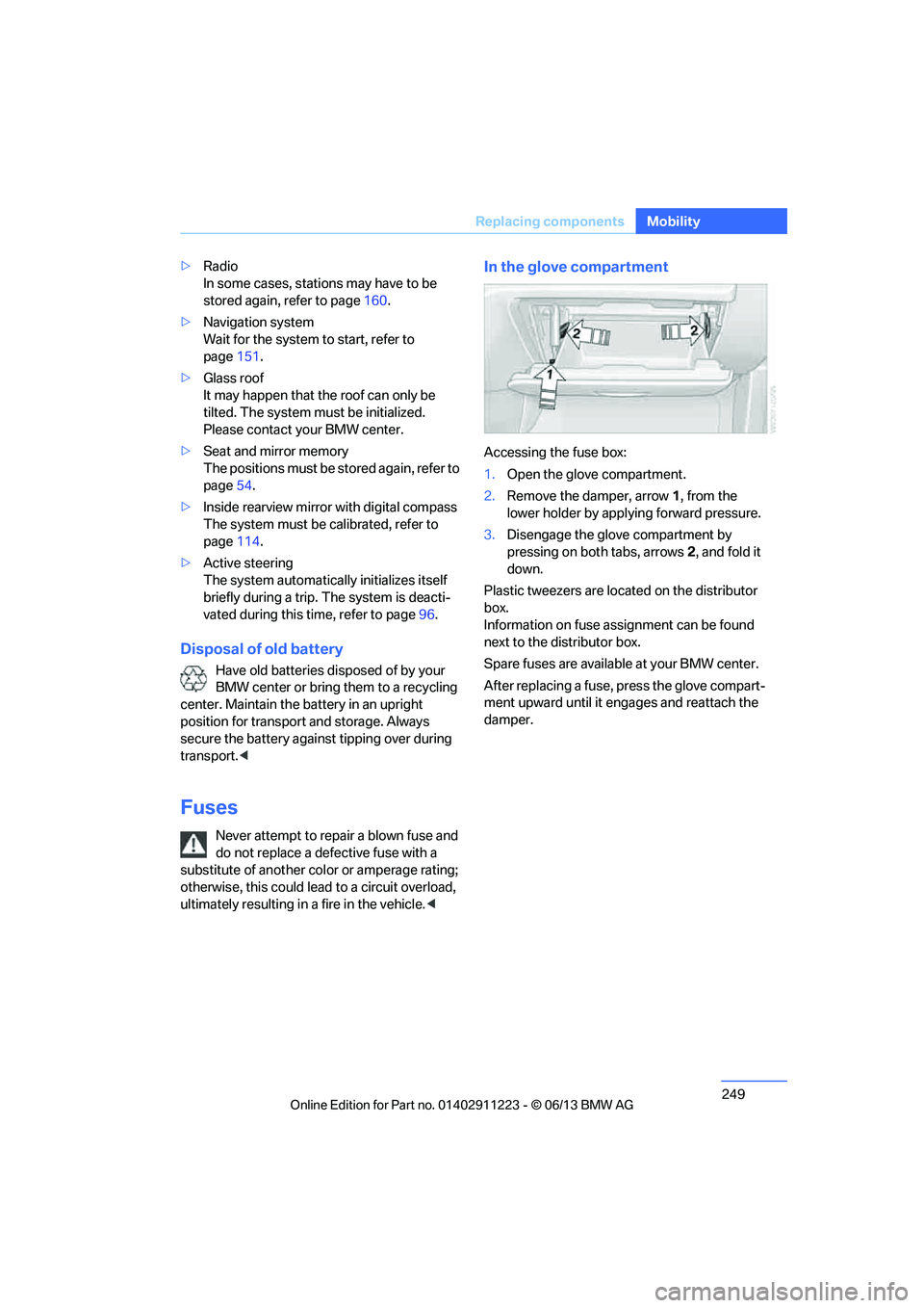 BMW 135IS CONVERTIBLE 2013 User Guide 249
Replacing components
Mobility
>
Radio 
In some cases, statio ns may have to be 
stored again, refer to page 160.
> Navigation system 
Wait for the system to start, refer to 
page 151.
> Glass roof