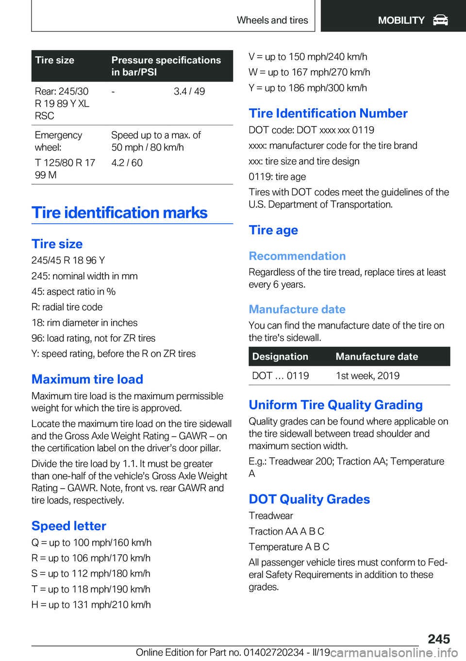 BMW 2 SERIES CONVERTIBLE 2020  Owners Manual �T�i�r�e��s�i�z�e�P�r�e�s�s�u�r�e��s�p�e�c�i�f�i�c�a�t�i�o�n�s
�i�n��b�a�r�/�P�S�I�R�e�a�r�:��2�4�5�/�3�0
�R��1�9��8�9��Y��X�L
�R�S�C�-�3�.�4��/��4�9�E�m�e�r�g�e�n�c�y
�w�h�e�e�l�:
�T��1�2�