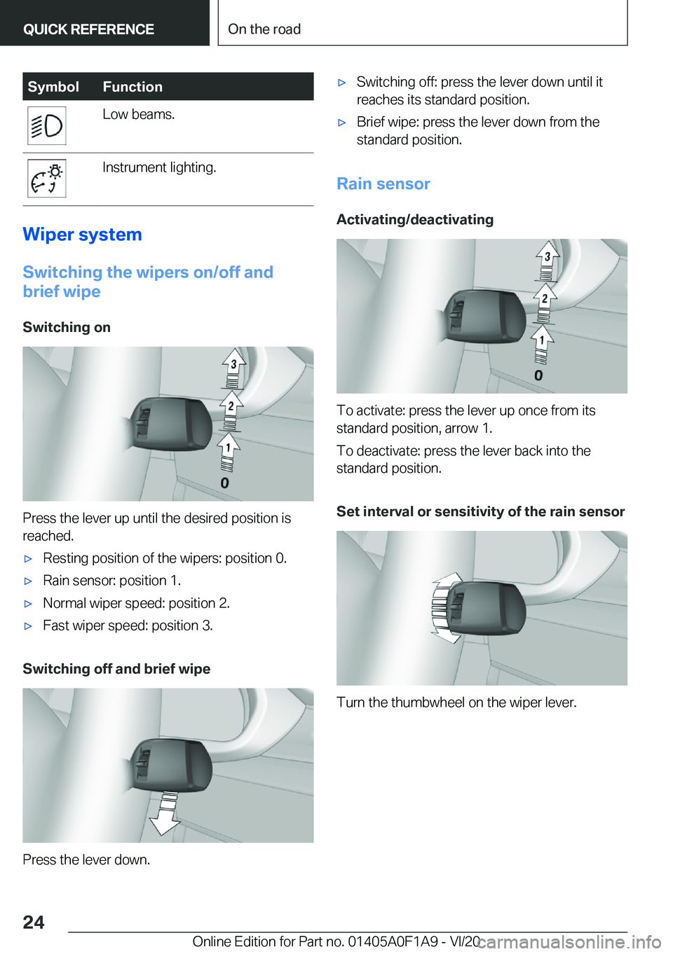 BMW 2 SERIES COUPE 2021 Owners Manual �S�y�m�b�o�l�F�u�n�c�t�i�o�n�L�o�w��b�e�a�m�s�.�I�n�s�t�r�u�m�e�n�t��l�i�g�h�t�i�n�g�.
�W�i�p�e�r��s�y�s�t�e�m
�S�w�i�t�c�h�i�n�g��t�h�e��w�i�p�e�r�s��o�n�/�o�f�f��a�n�d
�b�r�i�e�f��w�i�p�e
�S