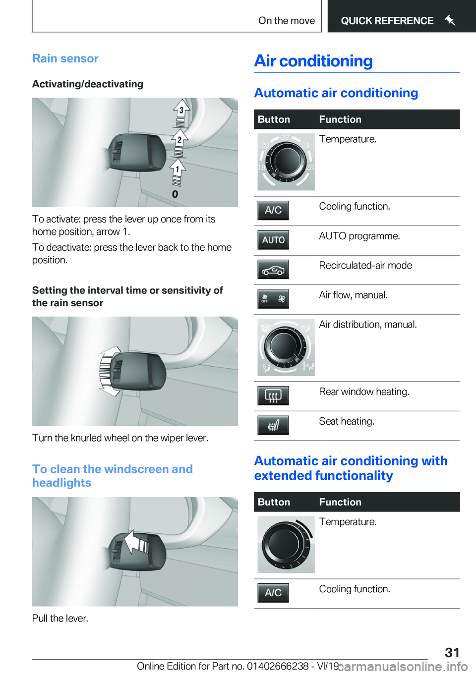 BMW 2 SERIES COUPE 2020 Owners Guide �R�a�i�n��s�e�n�s�o�r�A�c�t�i�v�a�t�i�n�g�/�d�e�a�c�t�i�v�a�t�i�n�g
�T�o��a�c�t�i�v�a�t�e�:��p�r�e�s�s��t�h�e��l�e�v�e�r��u�p��o�n�c�e��f�r�o�m��i�t�s
�h�o�m�e��p�o�s�i�t�i�o�n�,��a�r�r�o�w
