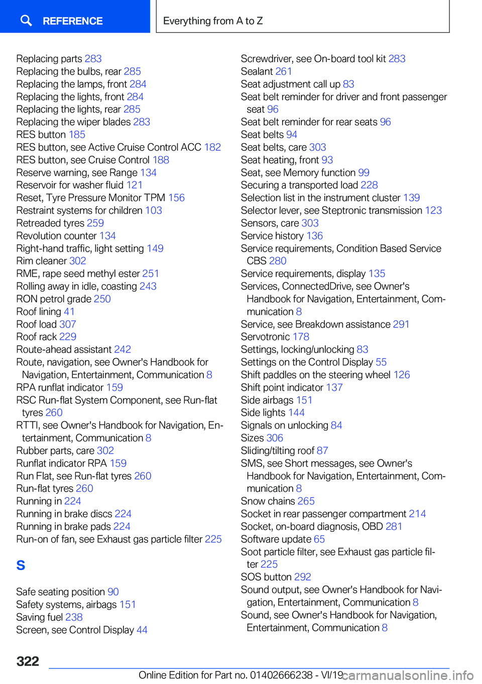BMW 2 SERIES COUPE 2020  Owners Manual �R�e�p�l�a�c�i�n�g��p�a�r�t�s��2�8�3�
�R�e�p�l�a�c�i�n�g��t�h�e��b�u�l�b�s�,��r�e�a�r� �2�8�5�
�R�e�p�l�a�c�i�n�g��t�h�e��l�a�m�p�s�,��f�r�o�n�t� �2�8�4�
�R�e�p�l�a�c�i�n�g��t�h�e��l�i�