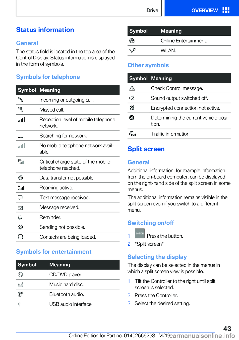 BMW 2 SERIES COUPE 2020 Service Manual �S�t�a�t�u�s��i�n�f�o�r�m�a�t�i�o�n�G�e�n�e�r�a�l�T�h�e��s�t�a�t�u�s��f�i�e�l�d��i�s��l�o�c�a�t�e�d��i�n��t�h�e��t�o�p��a�r�e�a��o�f��t�h�e�C�o�n�t�r�o�l��D�i�s�p�l�a�y�.��S�t�a�t�u�s��i