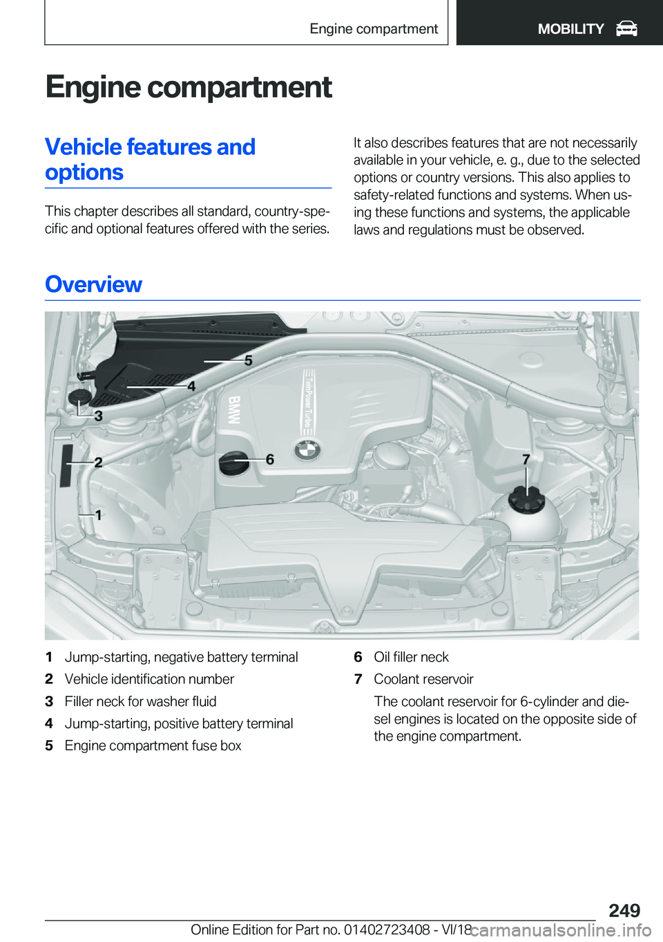 BMW 2 SERIES COUPE 2019  Owners Manual �E�n�g�i�n�e��c�o�m�p�a�r�t�m�e�n�t�V�e�h�i�c�l�e��f�e�a�t�u�r�e�s��a�n�d�o�p�t�i�o�n�s
�T�h�i�s��c�h�a�p�t�e�r��d�e�s�c�r�i�b�e�s��a�l�l��s�t�a�n�d�a�r�d�,��c�o�u�n�t�r�y�-�s�p�ej�c�i�f�i�c�