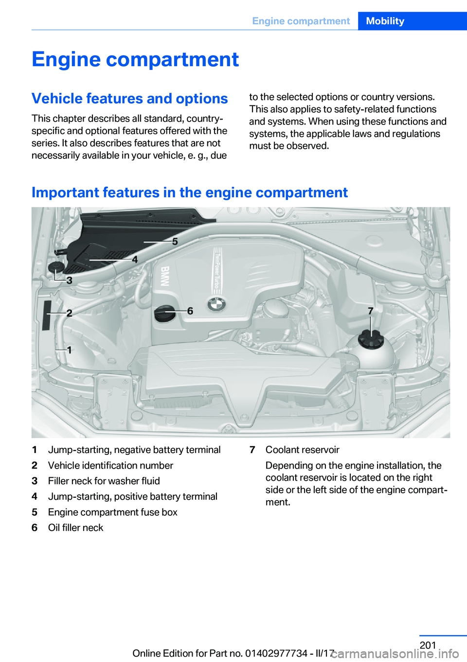 BMW 2 SERIES COUPE 2017  Owners Manual �E�n�g�i�n�e��c�o�m�p�a�r�t�m�e�n�t�V�e�h�i�c�l�e��f�e�a�t�u�r�e�s��a�n�d��o�p�t�i�o�n�s�T�h�i�s� �c�h�a�p�t�e�r� �d�e�s�c�r�i�b�e�s� �a�l�l� �s�t�a�n�d�a�r�d�,� �c�o�u�n�t�r�y�-�s�p�e�c�i�f�i�c� 