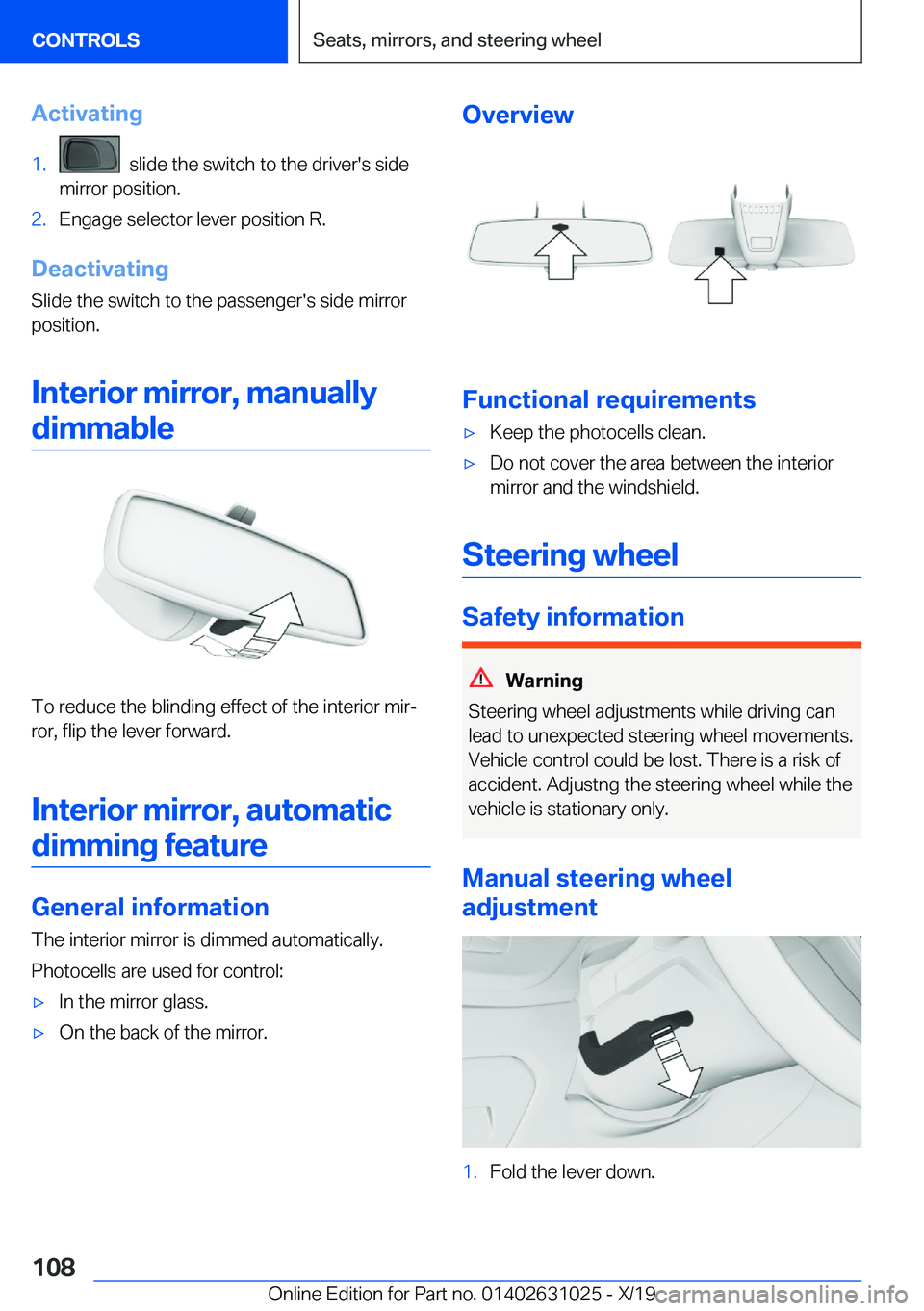 BMW 2 SERIES GRAN COUPE 2020  Owners Manual �A�c�t�i�v�a�t�i�n�g�1�.���s�l�i�d�e��t�h�e��s�w�i�t�c�h��t�o��t�h�e��d�r�i�v�e�r�'�s��s�i�d�e
�m�i�r�r�o�r��p�o�s�i�t�i�o�n�.�2�.�E�n�g�a�g�e��s�e�l�e�c�t�o�r��l�e�v�e�r��p�o�s�i�t�i�