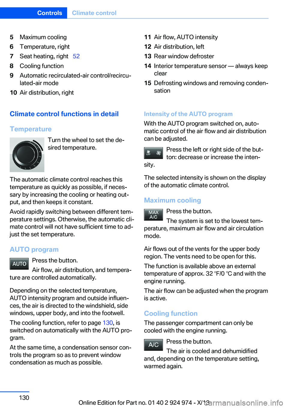 BMW 228ICOUPE 2014  Owners Manual 5Maximum cooling6Temperature, right7Seat heating, right  528Cooling function9Automatic recirculated-air control/recircu‐
lated-air mode10Air distribution, right11Air flow, AUTO intensity12Air di