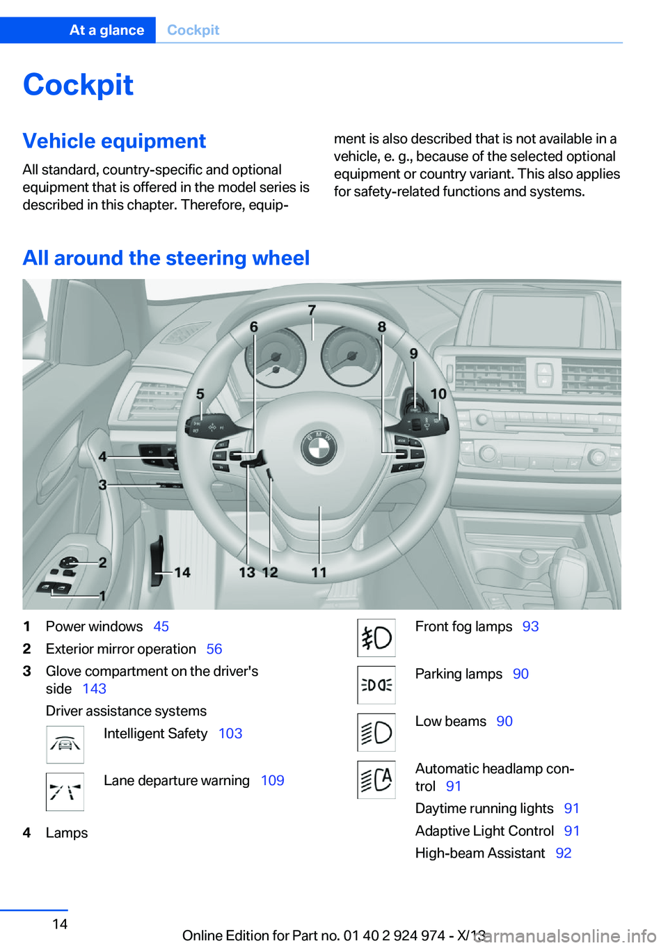 BMW 228ICOUPE 2014 User Guide CockpitVehicle equipment
All standard, country-specific and optional
equipment that is offered in the model series is
described in this chapter. Therefore, equip‐ment is also described that is not a