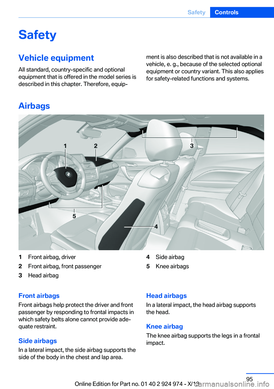 BMW 228ICOUPE 2014  Owners Manual SafetyVehicle equipment
All standard, country-specific and optional
equipment that is offered in the model series is
described in this chapter. Therefore, equip‐ment is also described that is not av