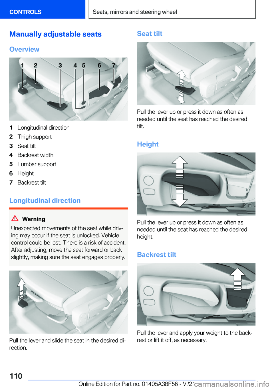 BMW 3 SERIES 2022  Owners Manual �M�a�n�u�a�l�l�y��a�d�j�u�s�t�a�b�l�e��s�e�a�t�s
�O�v�e�r�v�i�e�w�1�L�o�n�g�i�t�u�d�i�n�a�l��d�i�r�e�c�t�i�o�n�2�T�h�i�g�h��s�u�p�p�o�r�t�3�S�e�a�t��t�i�l�t�4�B�a�c�k�r�e�s�t��w�i�d�t�h�5�L�u�m�