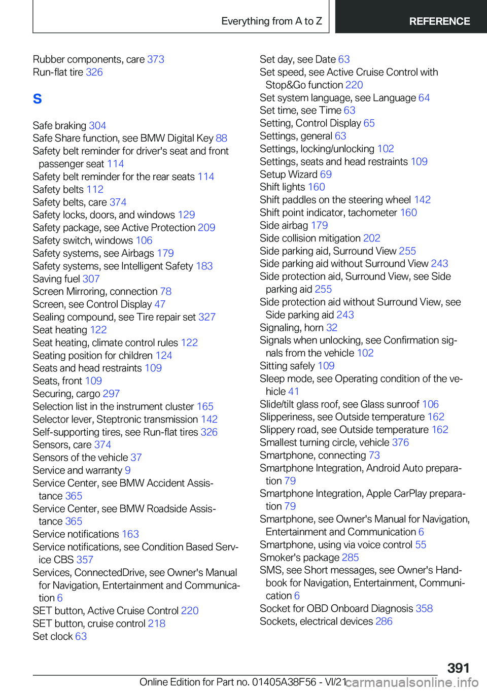 BMW 3 SERIES 2022  Owners Manual �R�u�b�b�e�r��c�o�m�p�o�n�e�n�t�s�,��c�a�r�e��3�7�3�
�R�u�n�-�f�l�a�t��t�i�r�e� �3�2�6�
�S �S�a�f�e��b�r�a�k�i�n�g� �3�0�4�
�S�a�f�e��S�h�a�r�e��f�u�n�c�t�i�o�n�,��s�e�e��B�M�W��D�i�g�i