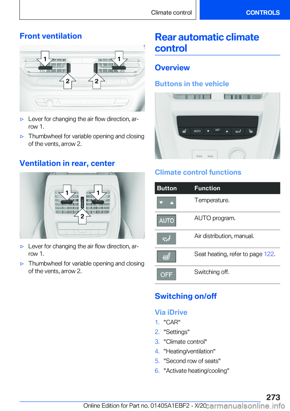 BMW 3 SERIES 2021  Owners Manual �F�r�o�n�t��v�e�n�t�i�l�a�t�i�o�n'x�L�e�v�e�r��f�o�r��c�h�a�n�g�i�n�g��t�h�e��a�i�r��f�l�o�w��d�i�r�e�c�t�i�o�n�,��a�r#j
�r�o�w��1�.'x�T�h�u�m�b�w�h�e�e�l��f�o�r��v�a�r�i�a�b�l�e��