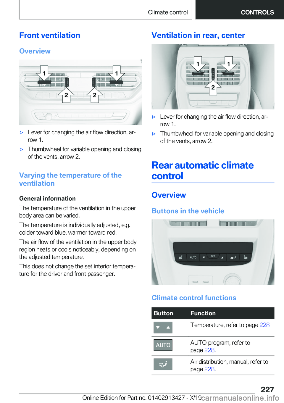 BMW 3 SERIES 2020  Owners Manual �F�r�o�n�t��v�e�n�t�i�l�a�t�i�o�n�O�v�e�r�v�i�e�w'x�L�e�v�e�r��f�o�r��c�h�a�n�g�i�n�g��t�h�e��a�i�r��f�l�o�w��d�i�r�e�c�t�i�o�n�,��a�r#j
�r�o�w��1�.'x�T�h�u�m�b�w�h�e�e�l��f�o�r��v�
