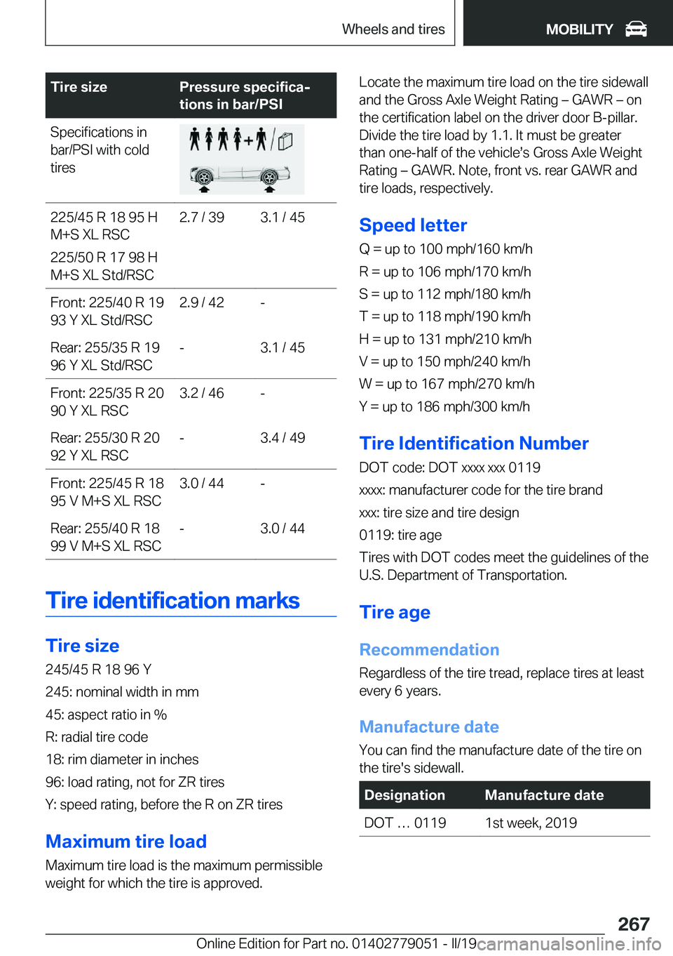 BMW 3 SERIES 2019  Owners Manual �T�i�r�e��s�i�z�e�P�r�e�s�s�u�r�e��s�p�e�c�i�f�i�c�aj
�t�i�o�n�s��i�n��b�a�r�/�P�S�I�S�p�e�c�i�f�i�c�a�t�i�o�n�s��i�n
�b�a�r�/�P�S�I��w�i�t�h��c�o�l�d
�t�i�r�e�s�2�2�5�/�4�5��R��1�8��9�5��