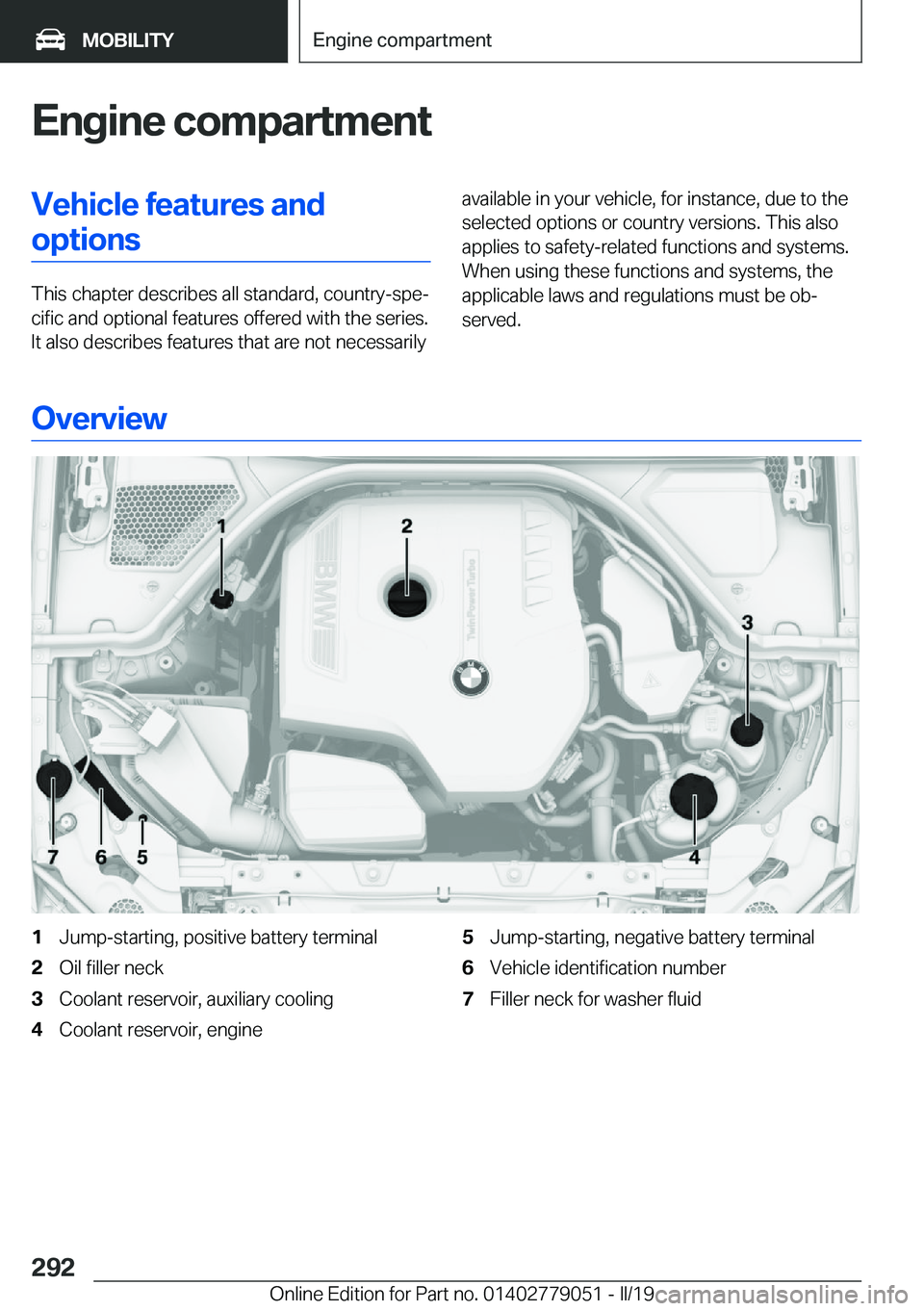BMW 3 SERIES 2019  Owners Manual �E�n�g�i�n�e��c�o�m�p�a�r�t�m�e�n�t�V�e�h�i�c�l�e��f�e�a�t�u�r�e�s��a�n�d�o�p�t�i�o�n�s
�T�h�i�s��c�h�a�p�t�e�r��d�e�s�c�r�i�b�e�s��a�l�l��s�t�a�n�d�a�r�d�,��c�o�u�n�t�r�y�-�s�p�ej�c�i�f�i�c�