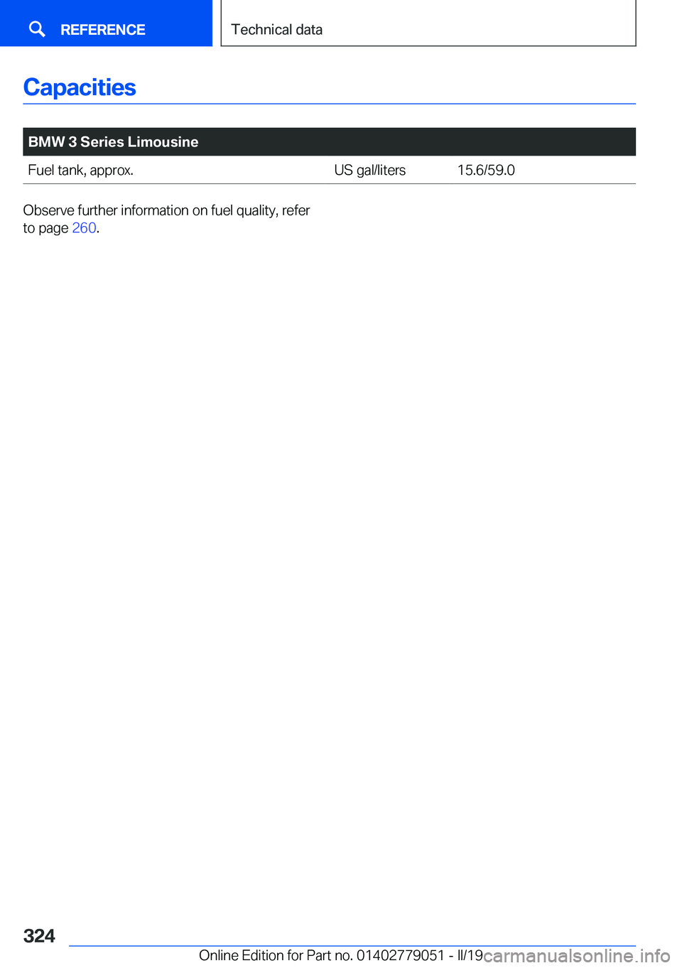 BMW 3 SERIES 2019  Owners Manual �C�a�p�a�c�i�t�i�e�s
�
�B�M�W��3��S�e�r�i�e�s��L�i�m�o�u�s�i�n�e�F�u�e�l��t�a�n�k�,��a�p�p�r�o�x�.�U�S��g�a�l�/�l�i�t�e�r�s�1�5�.�6�/�5�9�.�0�O�b�s�e�r�v�e��f�u�r�t�h�e�r��i�n�f�o�r�m�a�t�i�o