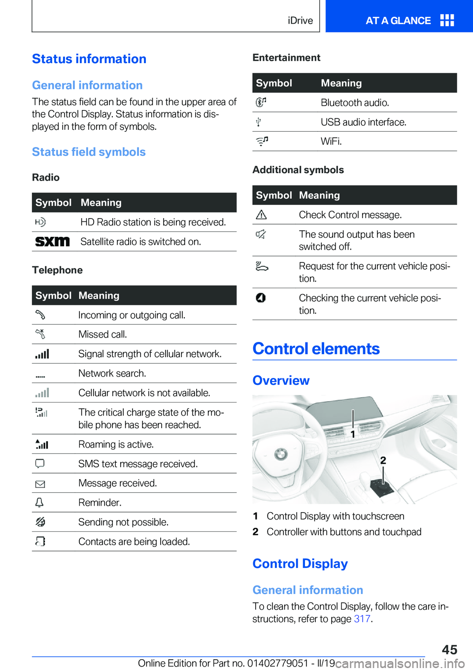 BMW 3 SERIES 2019 Service Manual �S�t�a�t�u�s��i�n�f�o�r�m�a�t�i�o�n�G�e�n�e�r�a�l��i�n�f�o�r�m�a�t�i�o�n
�T�h�e��s�t�a�t�u�s��f�i�e�l�d��c�a�n��b�e��f�o�u�n�d��i�n��t�h�e��u�p�p�e�r��a�r�e�a��o�f
�t�h�e��C�o�n�t�r�o�l�
