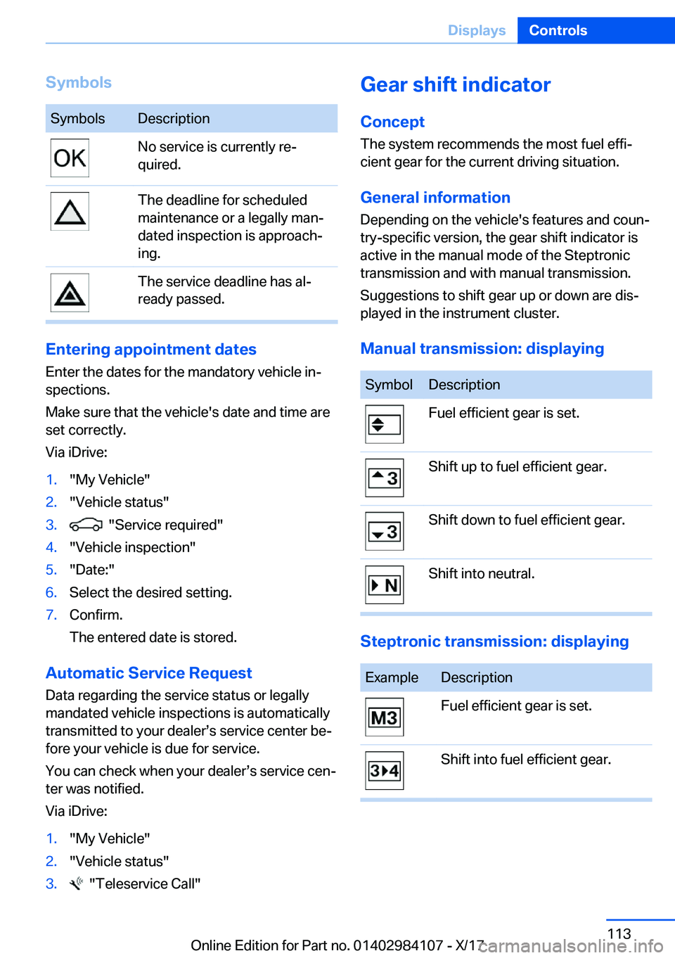 BMW 3 SERIES 2018  Owners Manual �S�y�m�b�o�l�s�S�y�m�b�o�l�s�D�e�s�c�r�i�p�t�i�o�n�N�o� �s�e�r�v�i�c�e� �i�s� �c�u�r�r�e�n�t�l�y� �r�ej
�q�u�i�r�e�d�.�T�h�e� �d�e�a�d�l�i�n�e� �f�o�r� �s�c�h�e�d�u�l�e�d
�m�a�i�n�t�e�n�a�n�c�e� �o�r